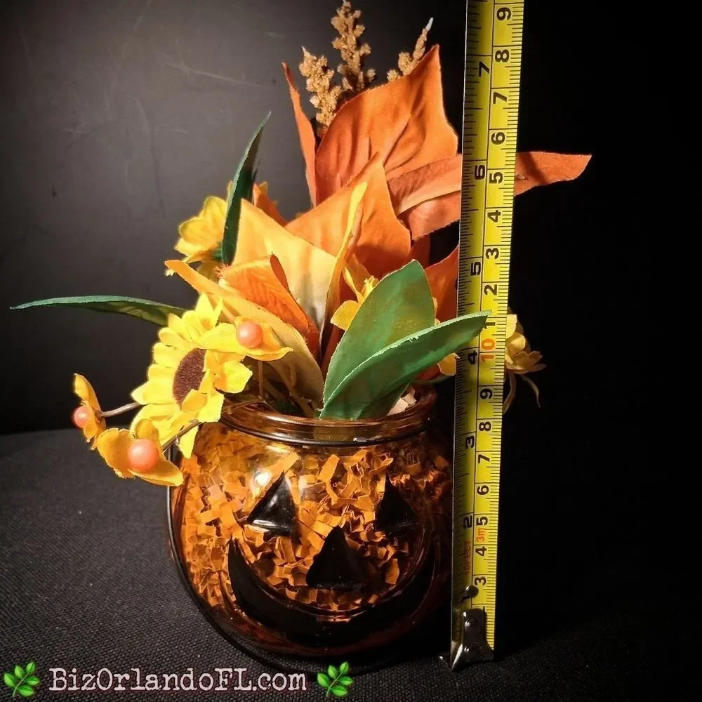 VINTAGE: Autumn Pumpkin Glass Vase with Floral Arrangement